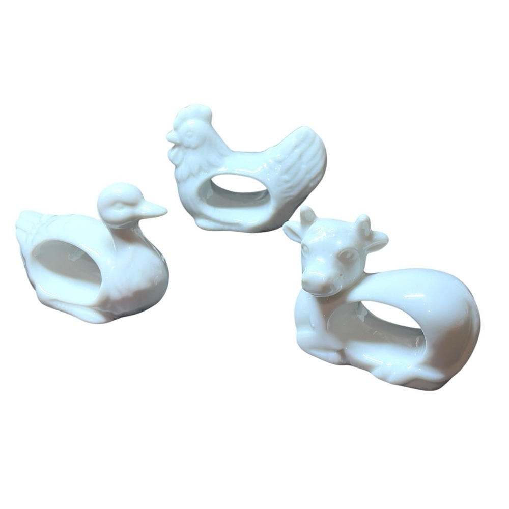 3 Napkin Holders Ceramic Rings  Farmhouse Rooster Cow Pig JAPAN farmhouse - Picture 2 of 3